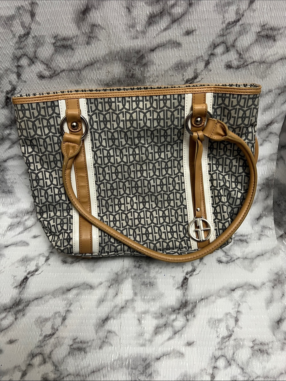 Giani Bernini Gray Logo Tote with Tan & White Trim